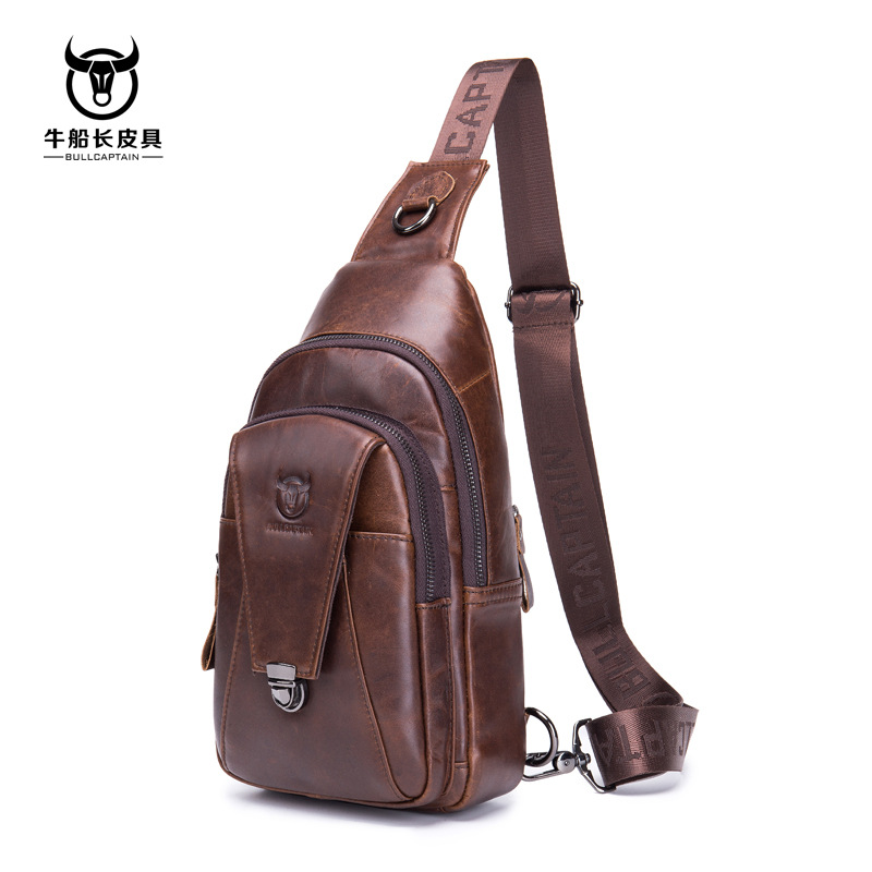 Men's Leather One Shoulder Messenger Chest Bag Top Layer Cowhide Fashion Multifunctional Sports and Casual Chest Bag