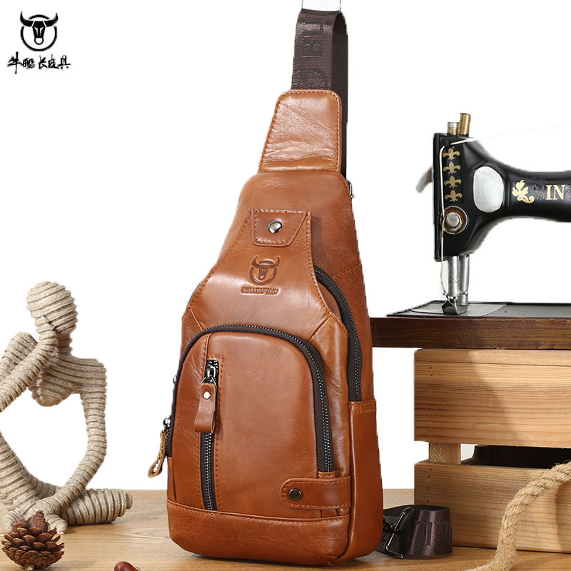 Top layer cowhide men's chest soft leather bag trendy leather outdoor casual large-capacity Messenger bag