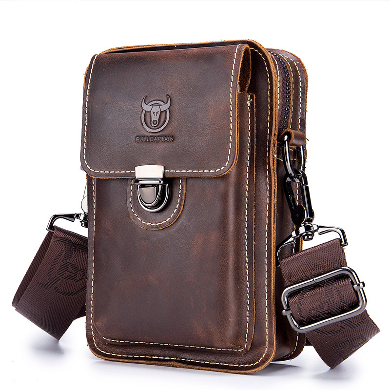 Crazy Horse Leather Men's Genuine Cowhide Casual Top Layer Cowhide Multifunctional One Shoulder Messenger Mobile Phone Bag