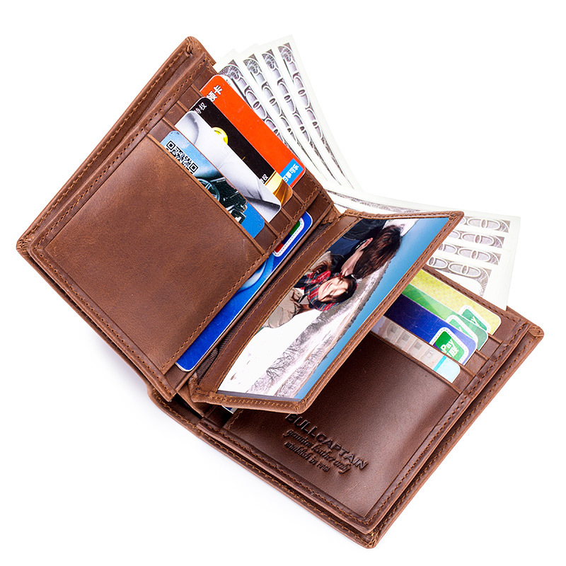 Men's Short Vertical Anti-theft Brush Wallet Genuine Leather Multi-Card Top Layer Cowhide Album Wrapped and Thickened Wallet